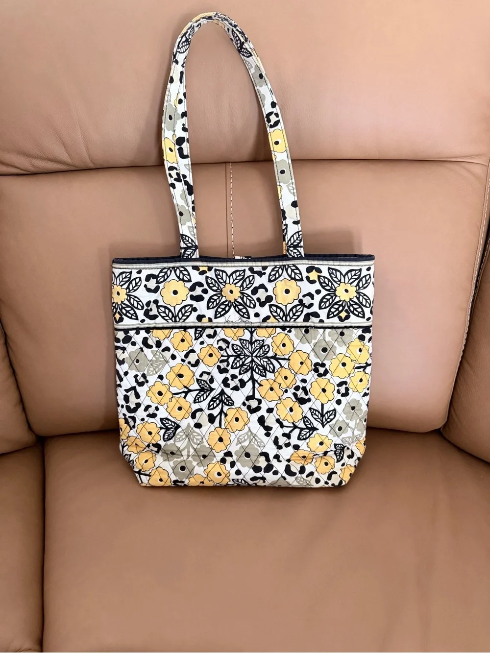Vera Bradley Yellow and Black Quilted Floral Tote Interior Pocket 12” H x 11” W
